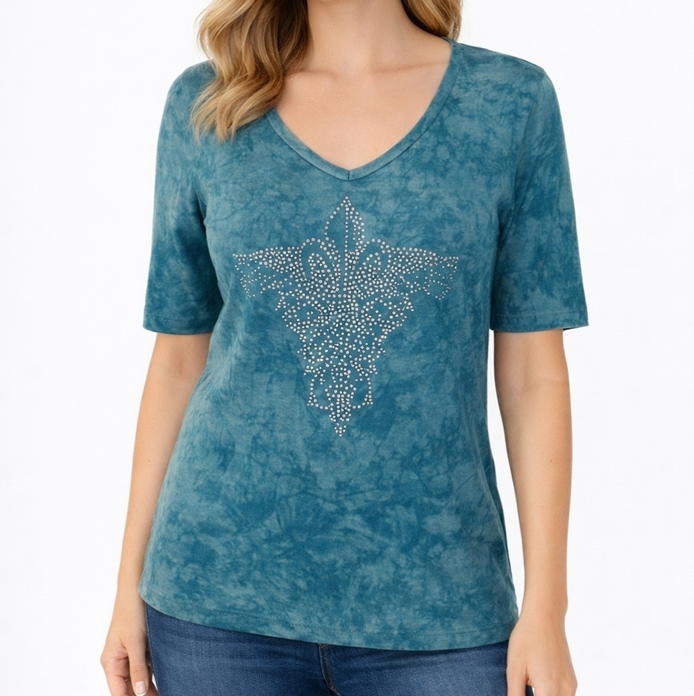 Vtg SLEDGE Y2k Tie Dye Embellished Fleur-de-lis Short Sleeve V-neck Ribbed Tee